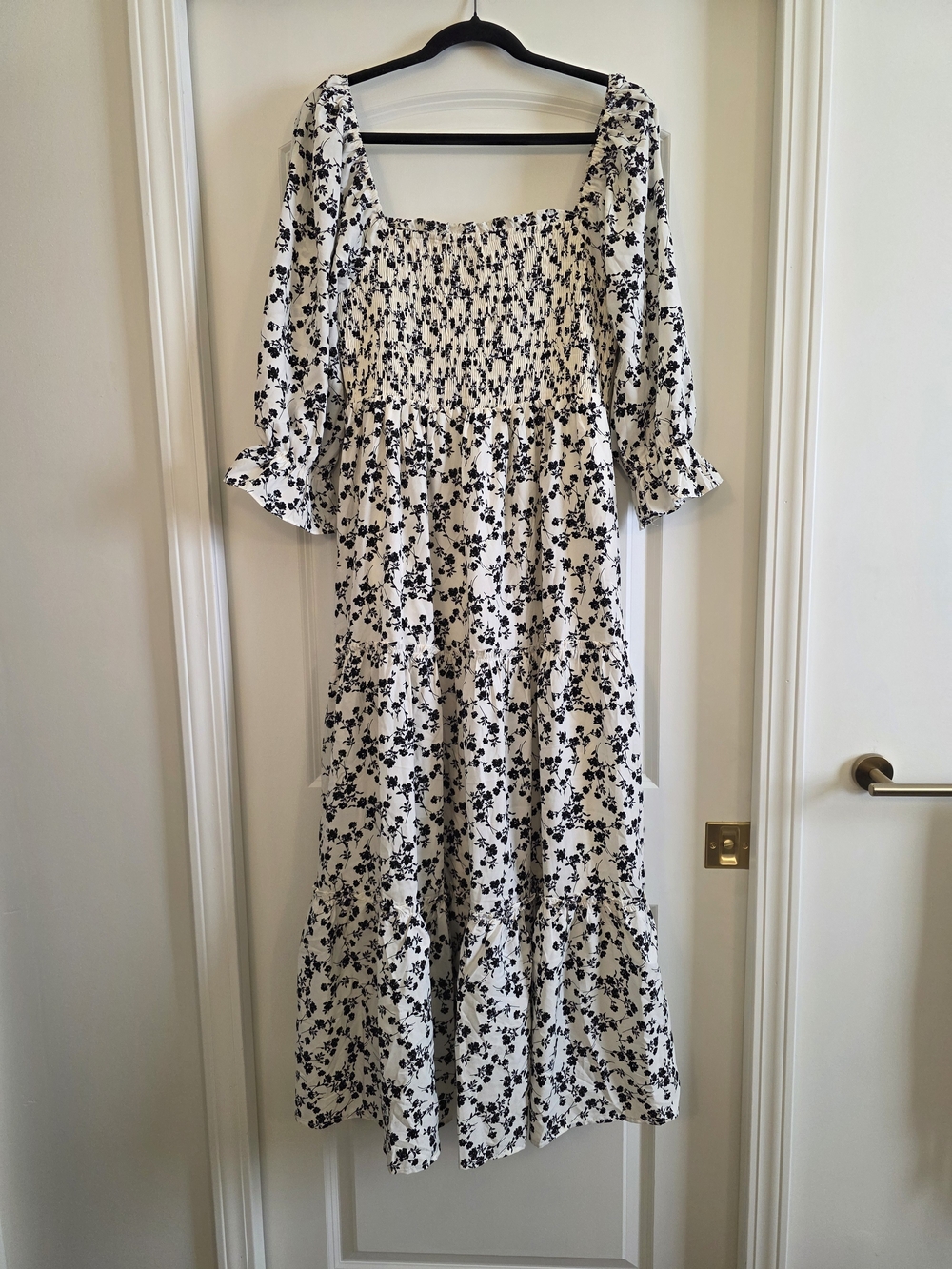 Bohme Cream And Black Floral Smocked Square-Neck Maxi Dress